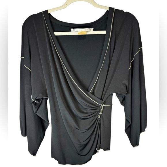 Max Studio Black  shirt blouse Stretchy long sleeves Cross over Size‎ S - Picture 2 of 10